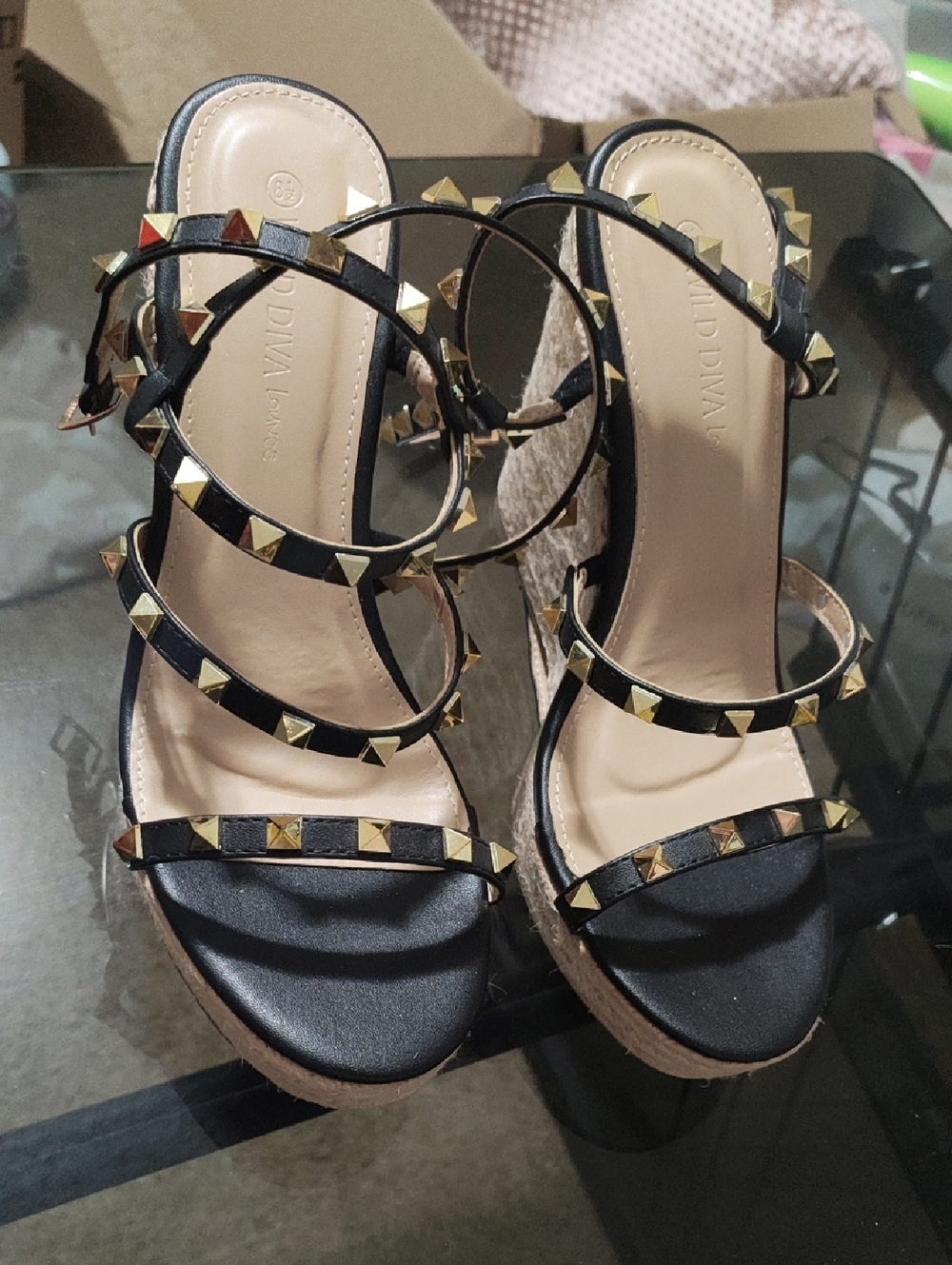 Fashion Nova Black Wedge Sandals with Gold Studs